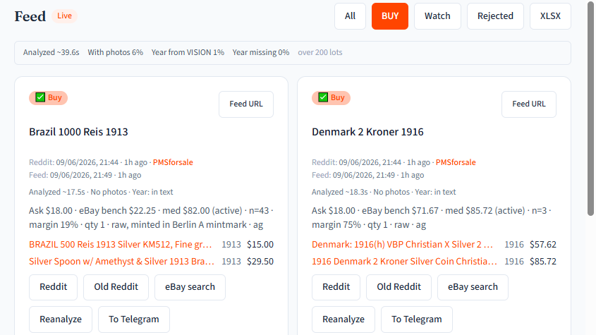 Лента Feed с фильтром BUY: чипы All/BUY/Watch/Rejected и карточки лотов с ask, eBay и margin